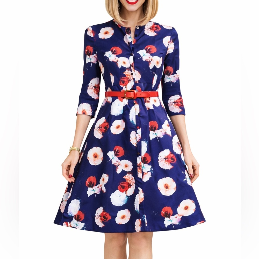 Navy Blue Floral Fit & Flare Dress Red Belt Midi A-Line